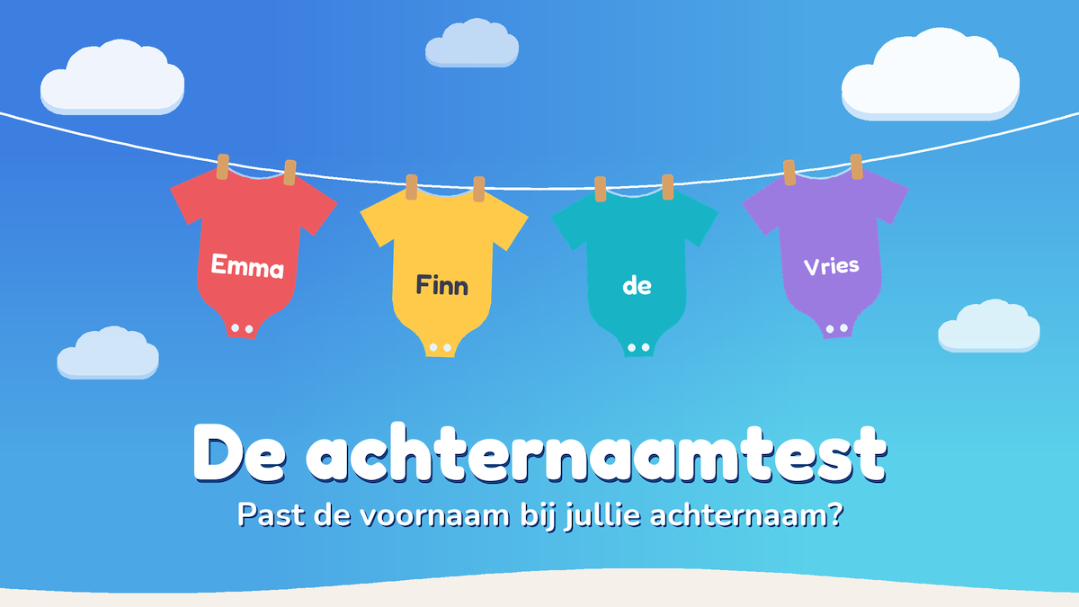 Rompertjes met Emma, Finn, de en Vries aan een waslijn, met de tekst: De achternaamtest